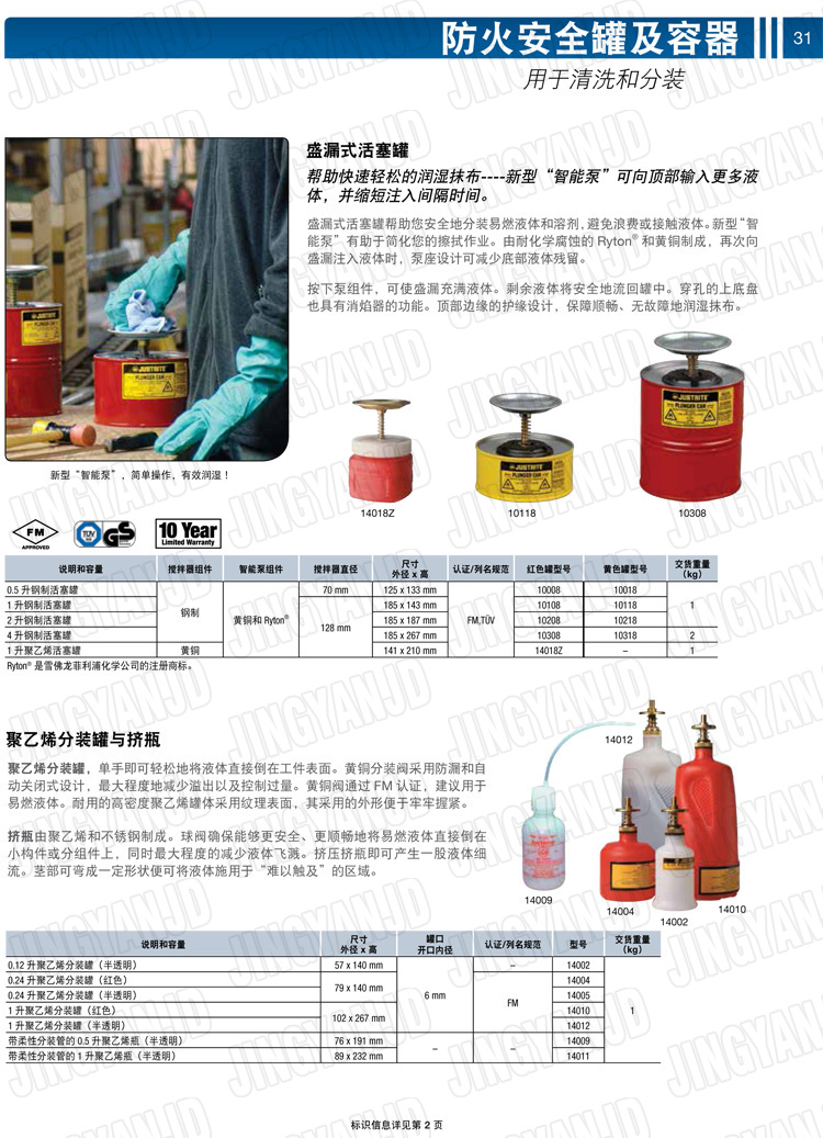 美國杰斯瑞特，JUSTRITE，活塞安全罐，盛漏式活塞罐，化學(xué)品分裝罐，